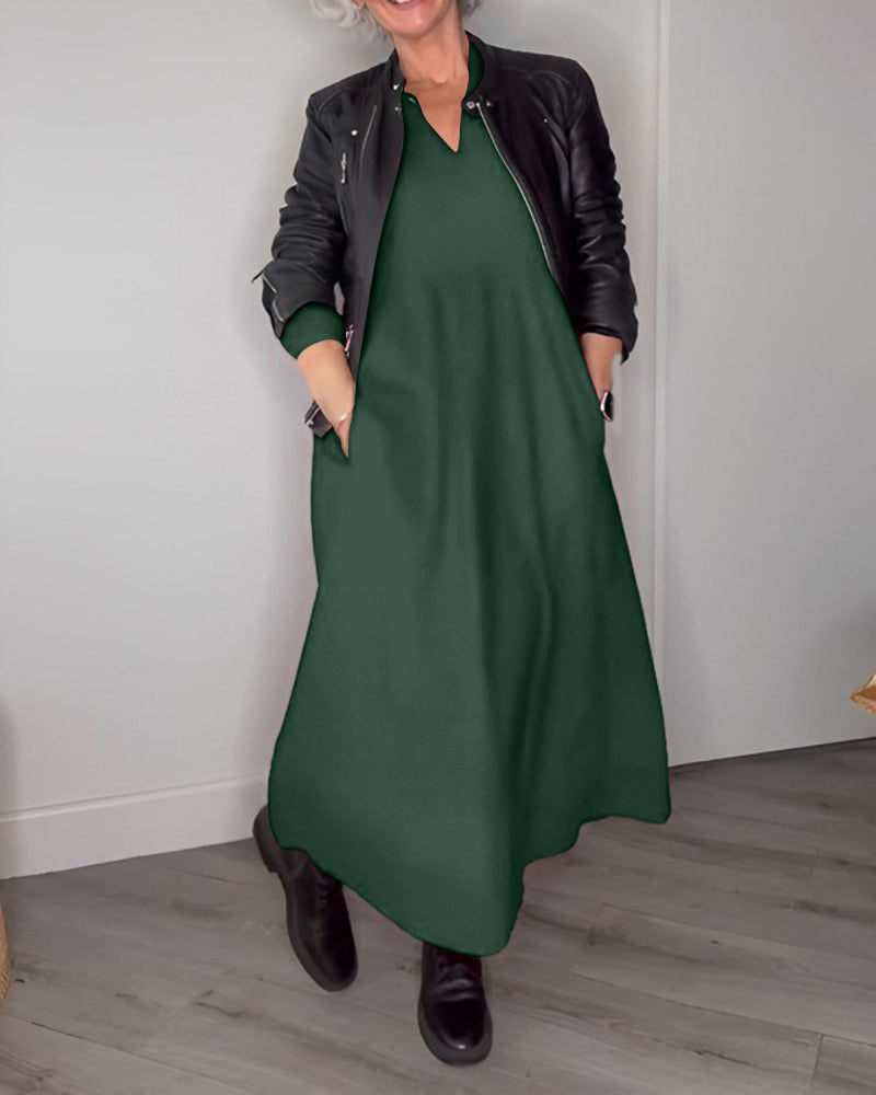 Julia | Elegant V-hals Kjole med Lange Ærmer