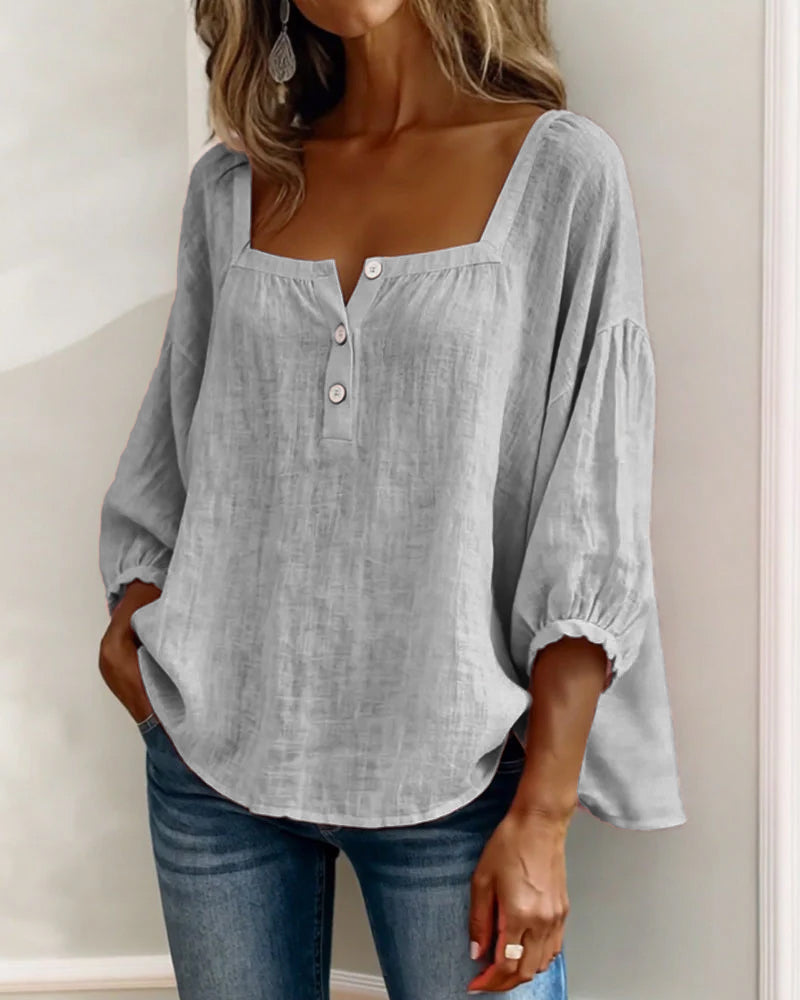 Bluse Enkel Firkantet Hals med Lange Ærmer
