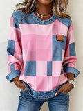 Damer afslappet sweatshirt med rund hals og denimpatchwork