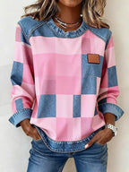 Damer afslappet sweatshirt med rund hals og denimpatchwork