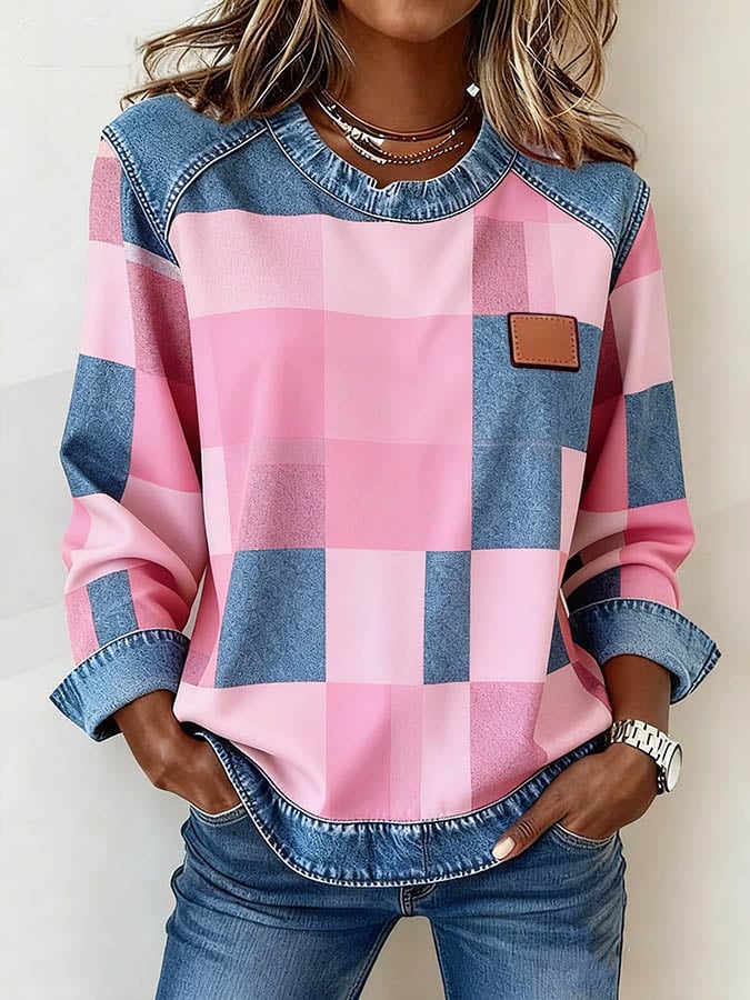 Damer afslappet sweatshirt med rund hals og denimpatchwork