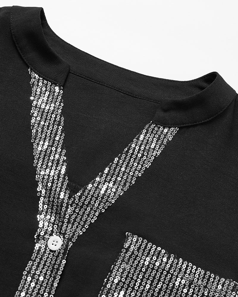 Nina | Casual top med pailletindsats og knapper