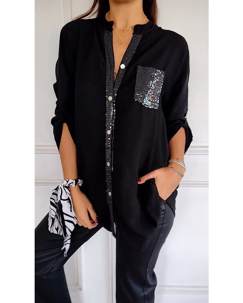 Nina | Casual top med pailletindsats og knapper