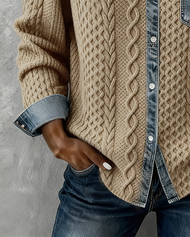Langærmet skjorte med denimdetaljer