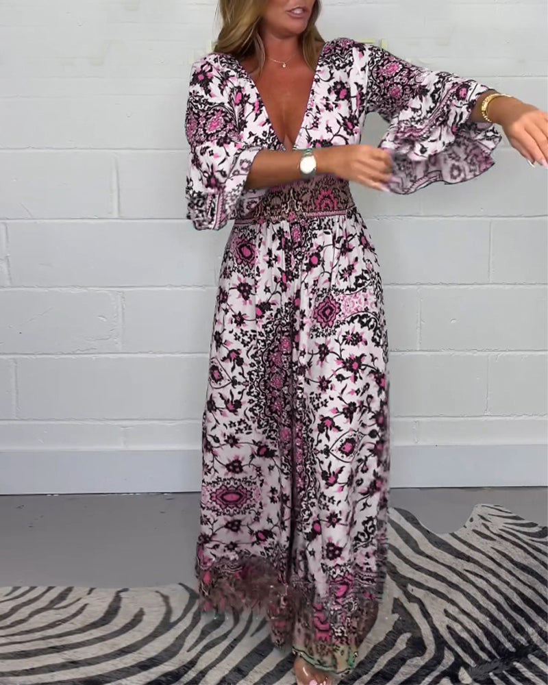 Sophie | Trykt Jumpsuit med Dyb V-hals