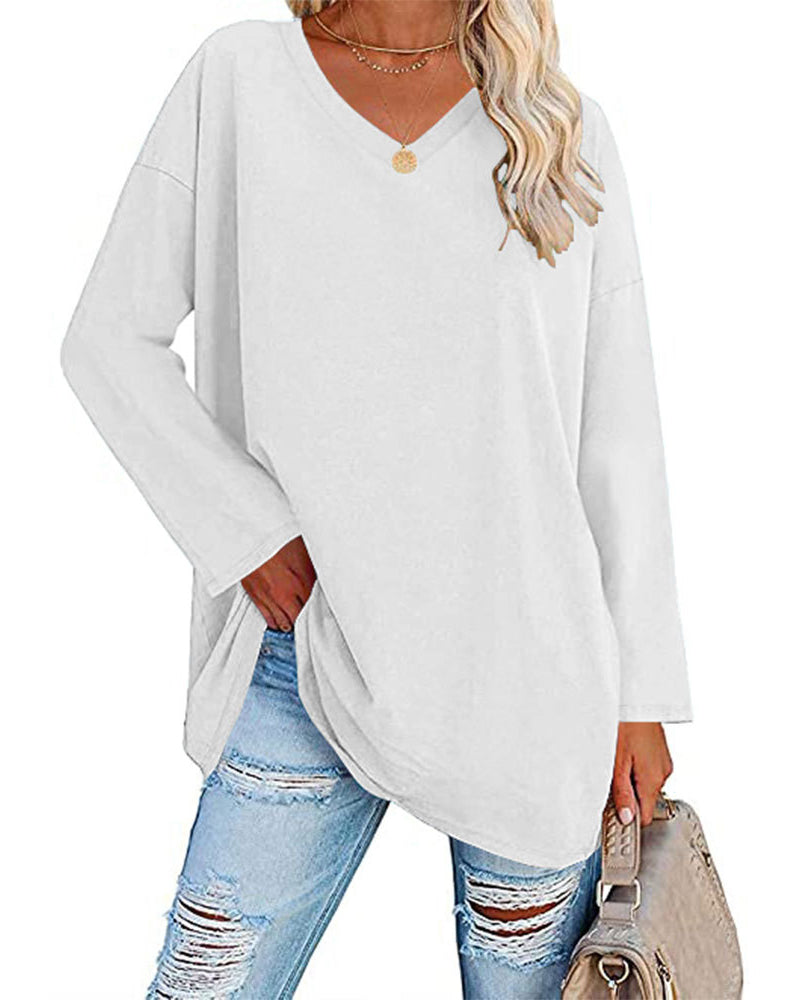 Ensfarvet langærmet T-shirt med V-hals