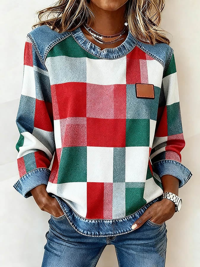 Damer afslappet sweatshirt med rund hals og denimpatchwork