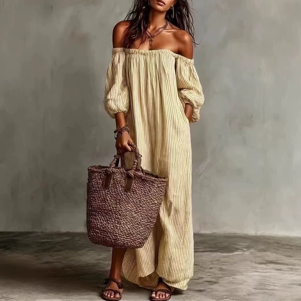 Bella | Boho Maxikjole med Bare Skuldre