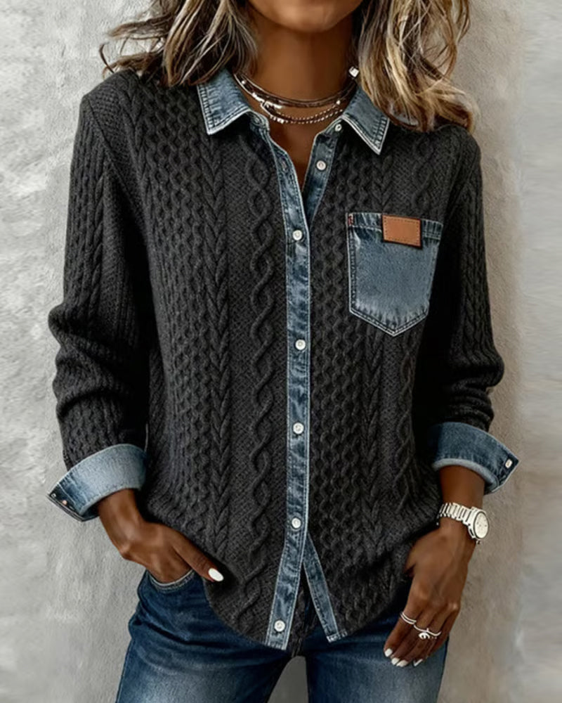 Langærmet skjorte med denimdetaljer