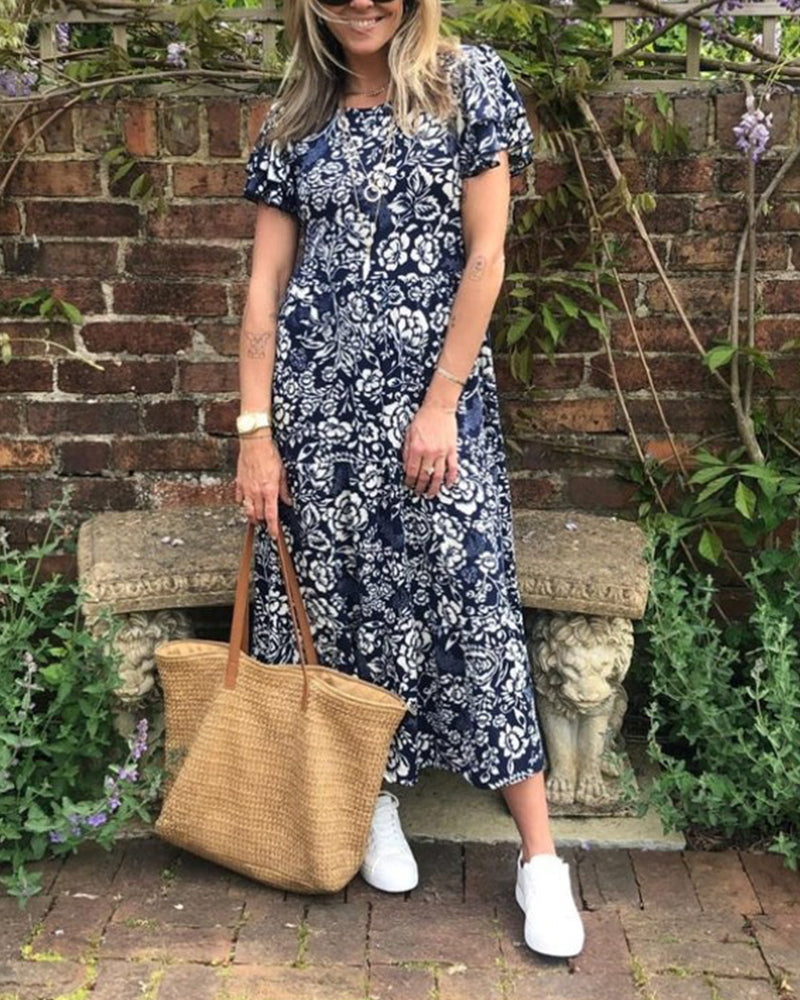 Sophie | Lang kjole med korte ærmer og blomsterprint