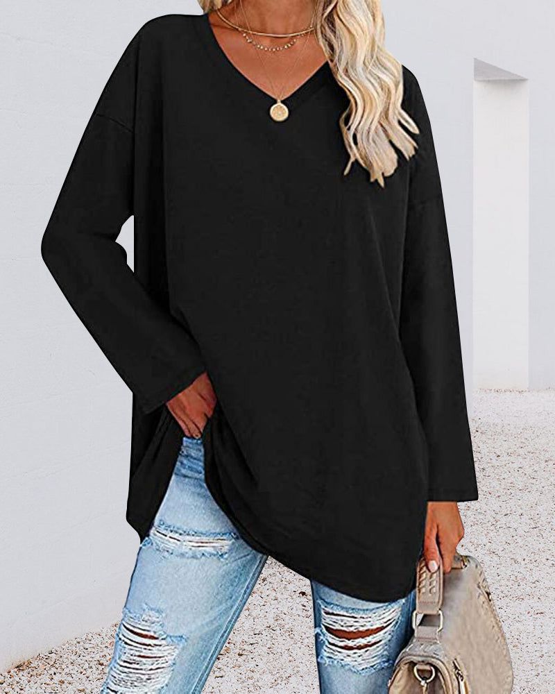 Ensfarvet langærmet T-shirt med V-hals
