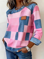 Damer afslappet sweatshirt med rund hals og denimpatchwork
