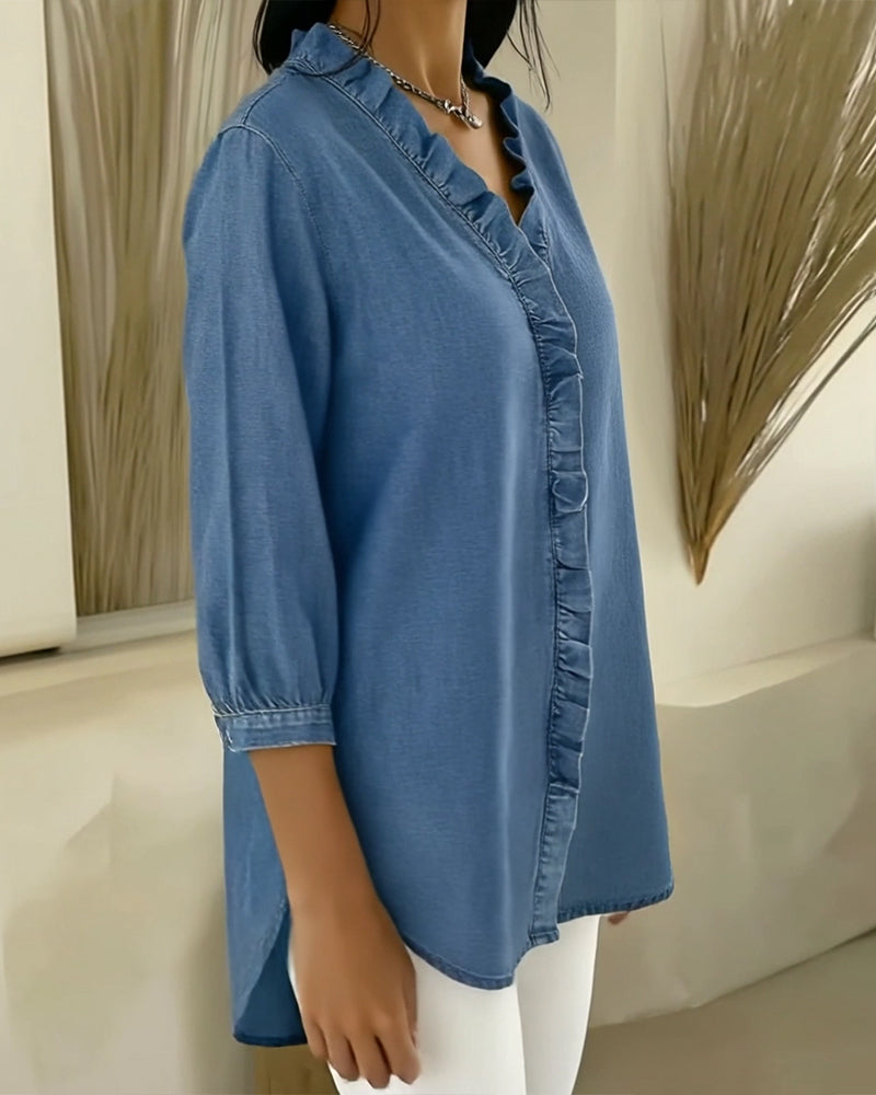 Elvaria™ – Elegant Bluse med Flæsedetaljer