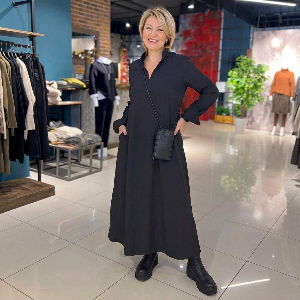 Lang, vid kjole med revers og sideslids