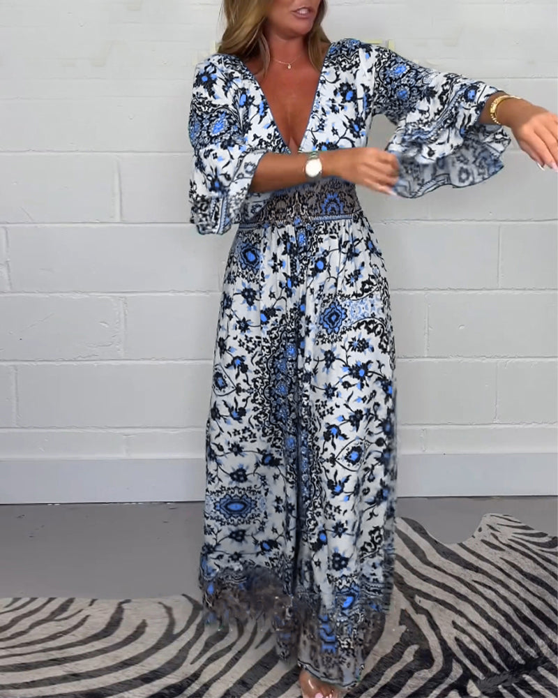 Sophie | Trykt Jumpsuit med Dyb V-hals