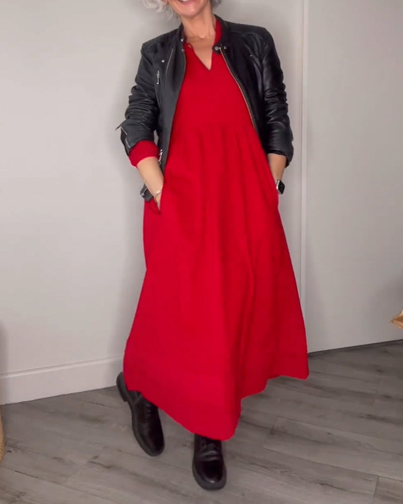 Julia | Elegant V-hals Kjole med Lange Ærmer