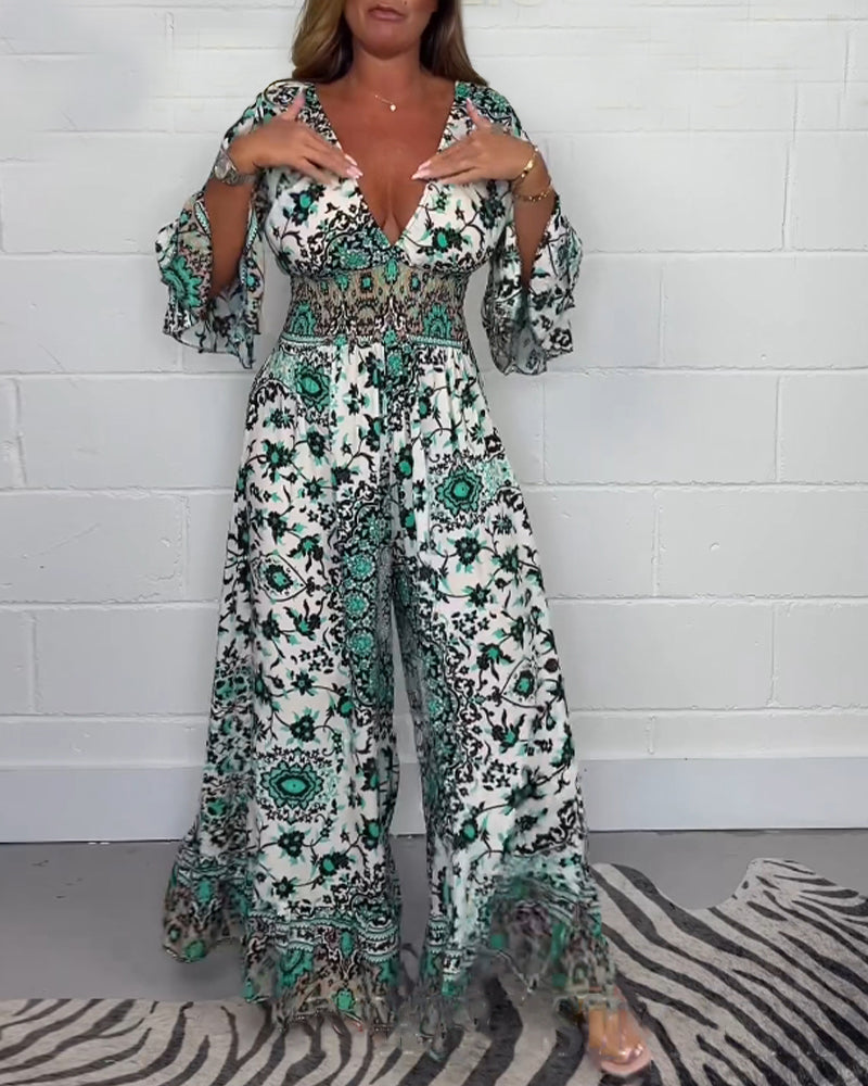 Sophie | Trykt Jumpsuit med Dyb V-hals