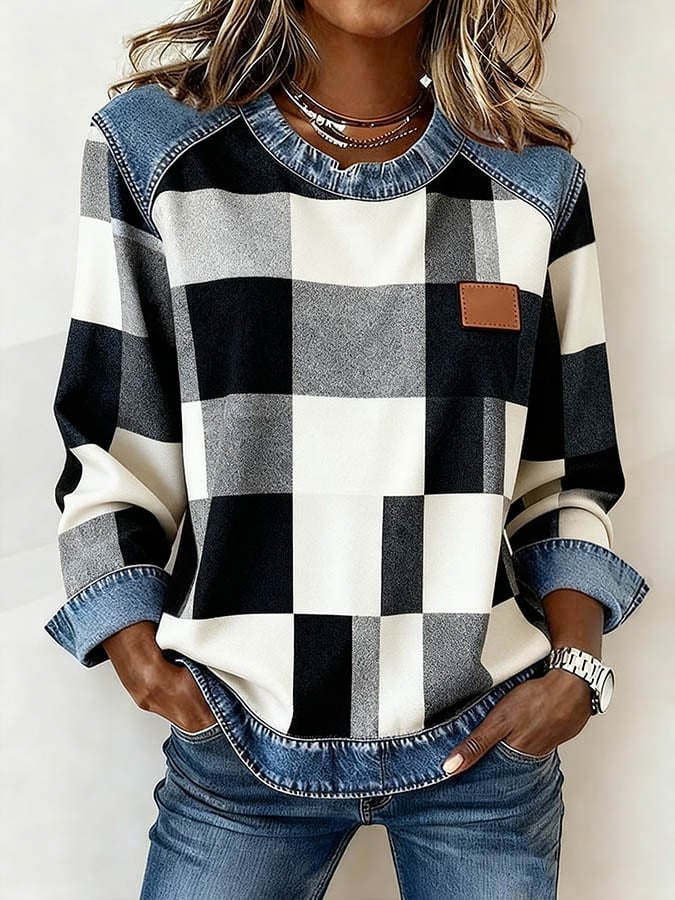 Damer afslappet sweatshirt med rund hals og denimpatchwork