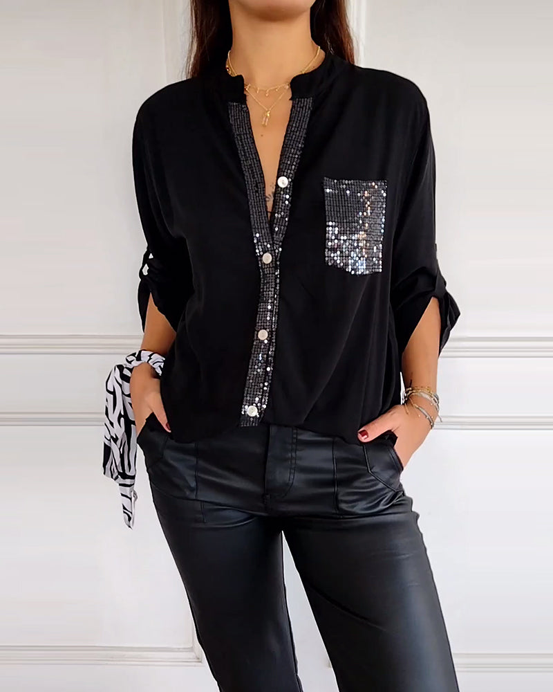 Nina | Casual top med pailletindsats og knapper