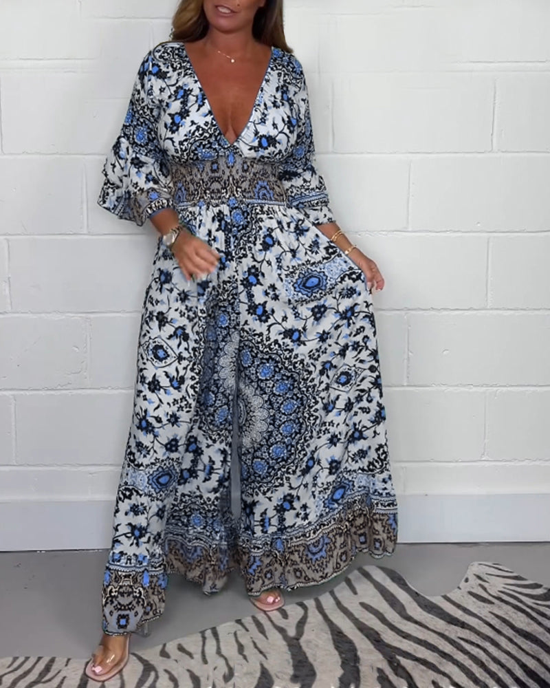 Sophie | Trykt Jumpsuit med Dyb V-hals