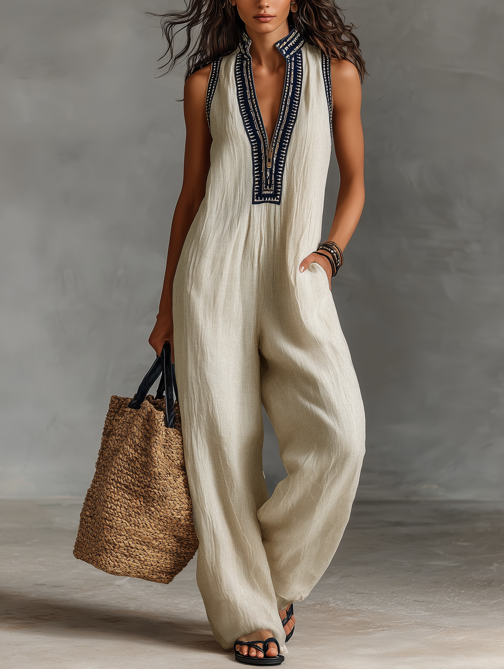 Daria | Ærmeløs Hør-Jumpsuit med Broderi og Lynlås