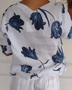 Top i bomuld og hør med blomsterprint