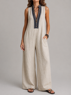 Daria | Ærmeløs Hør-Jumpsuit med Broderi og Lynlås
