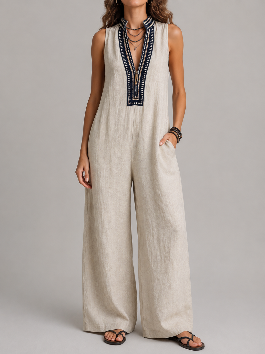 Daria | Ærmeløs Hør-Jumpsuit med Broderi og Lynlås