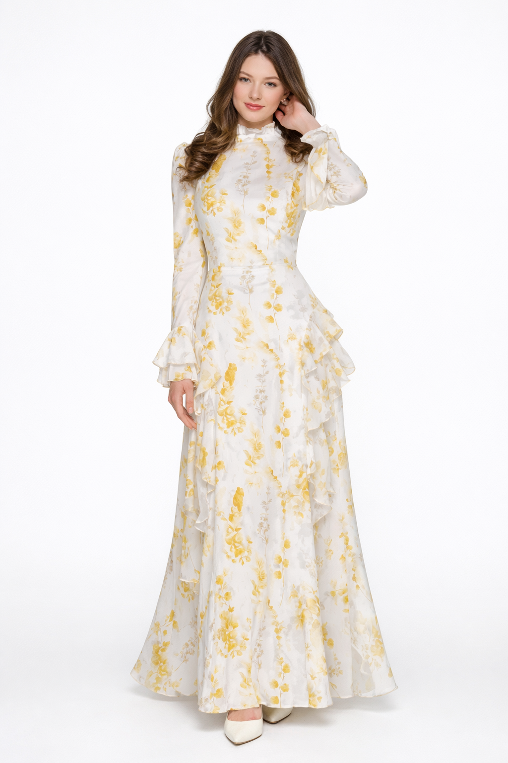 Marijke | Beige Asymmetrisk Maxikjole med Malingsprint