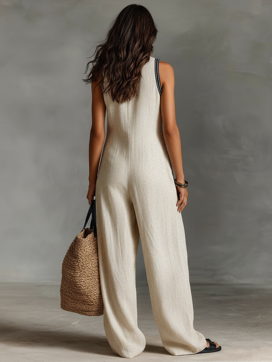 Daria | Ærmeløs Hør-Jumpsuit med Broderi og Lynlås
