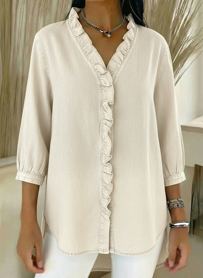 Elvaria™ – Elegant Bluse med Flæsedetaljer