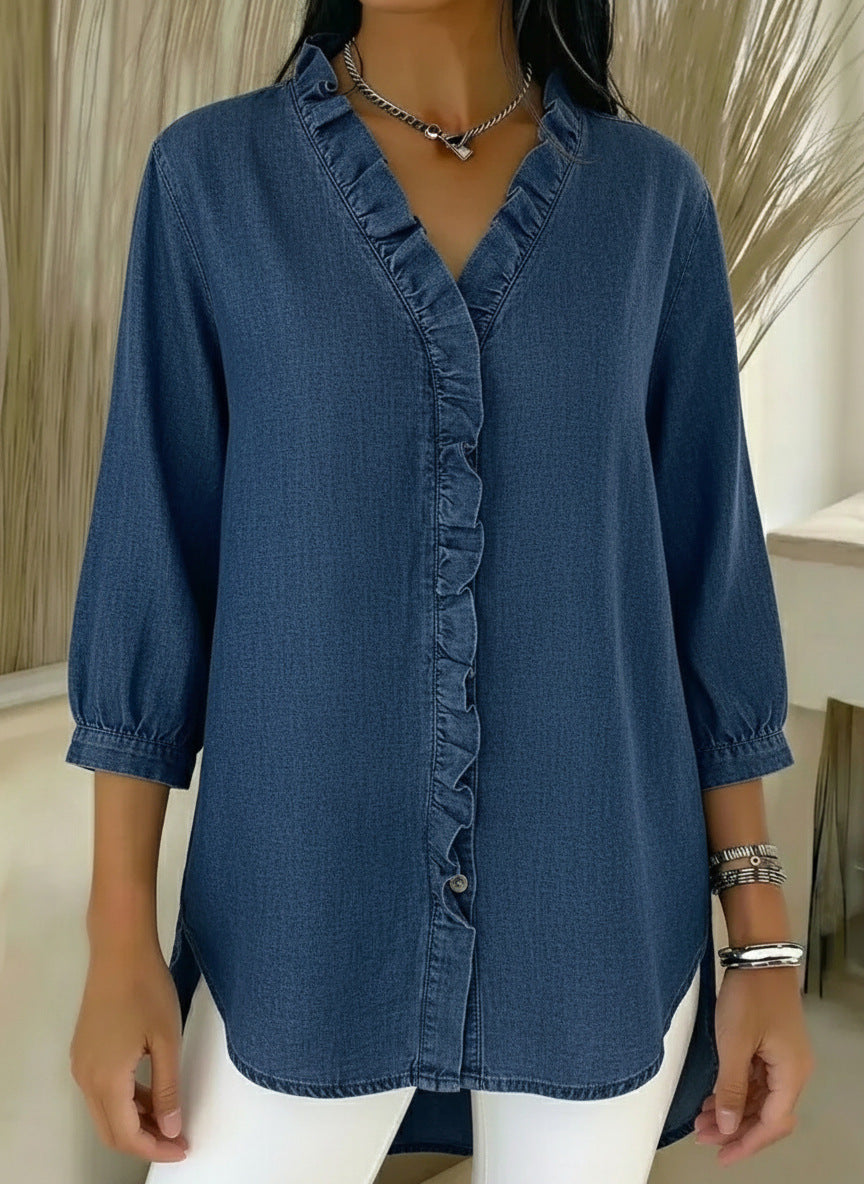 Elvaria™ – Elegant Bluse med Flæsedetaljer