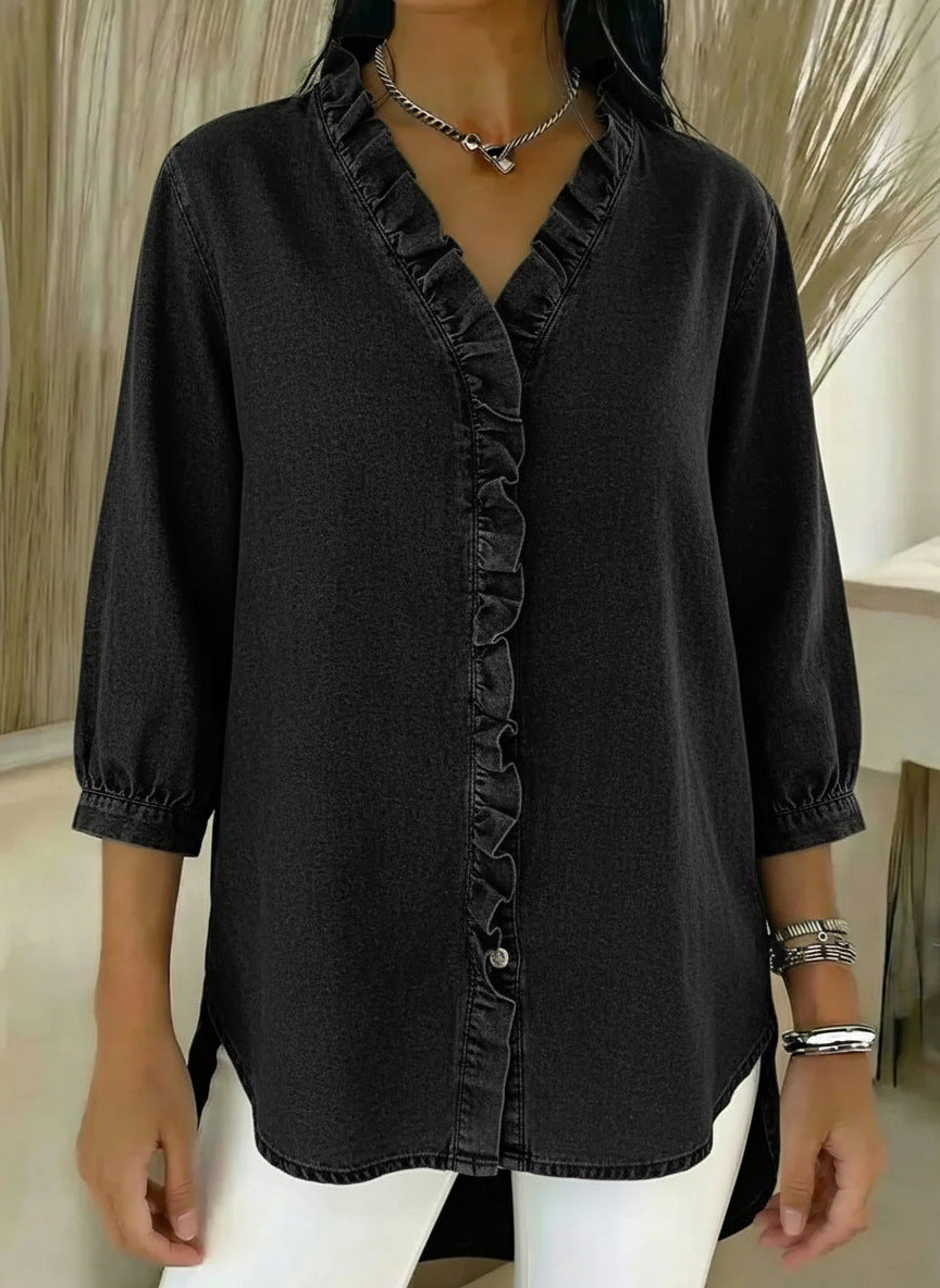 Elvaria™ – Elegant Bluse med Flæsedetaljer