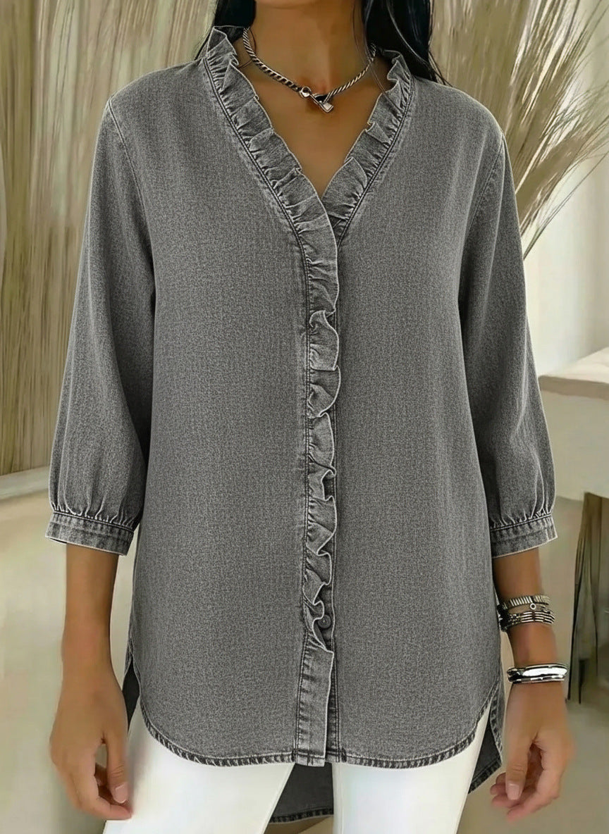 Elvaria™ – Elegant Bluse med Flæsedetaljer