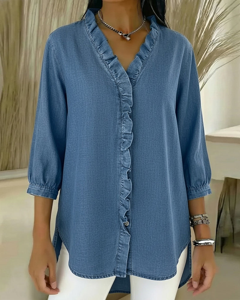 Elvaria™ – Elegant Bluse med Flæsedetaljer