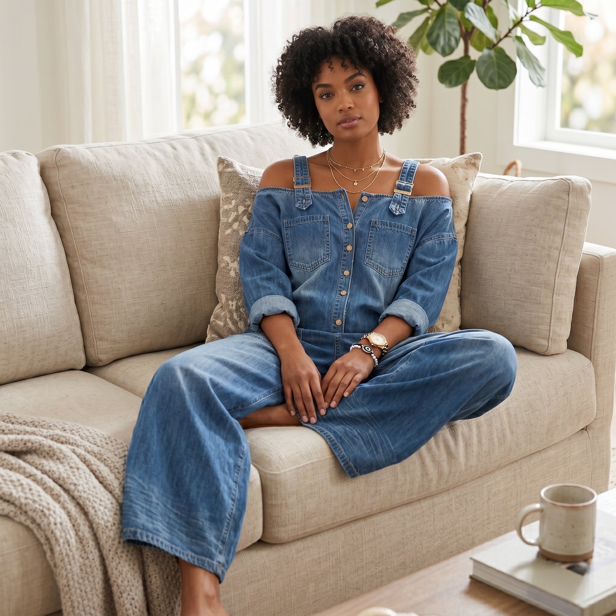 Joana - Jeans-jumpsuit med asymmetrisk halsudskæring elegant