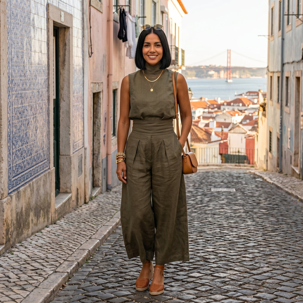 Madalena | Premiumt hør-sæt med høj krave og bukser med vidt ben — Elegance og komfort i ét look