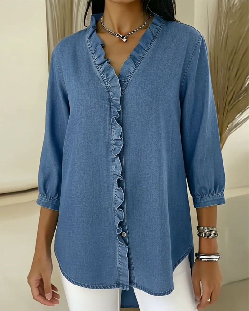 Elvaria™ – Elegant Bluse med Flæsedetaljer