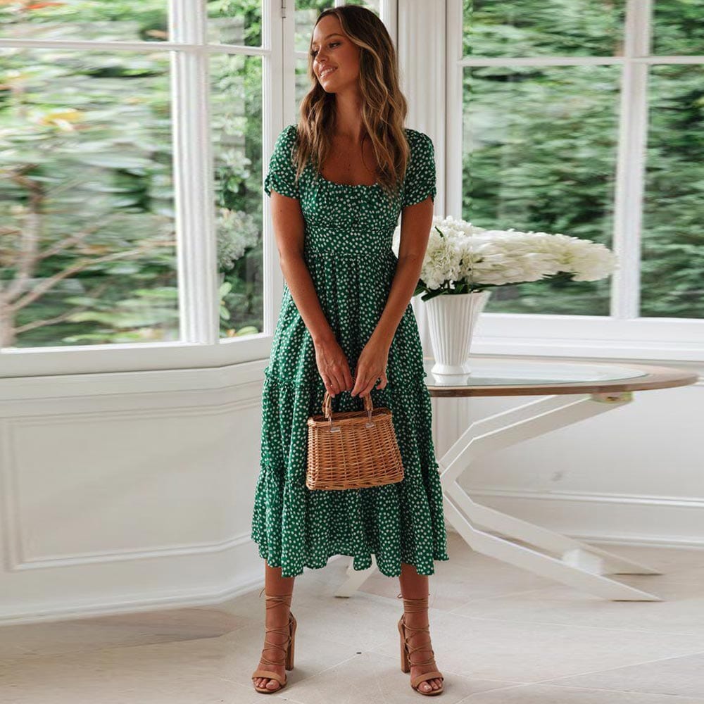 Charlie™ Bohemian grøn midi-kjole med pufærmer