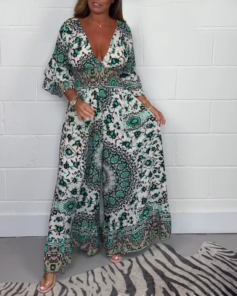 Sophie | Trykt Jumpsuit med Dyb V-hals