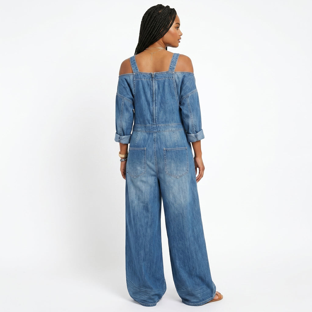 Joana - Jeans-jumpsuit med asymmetrisk halsudskæring elegant