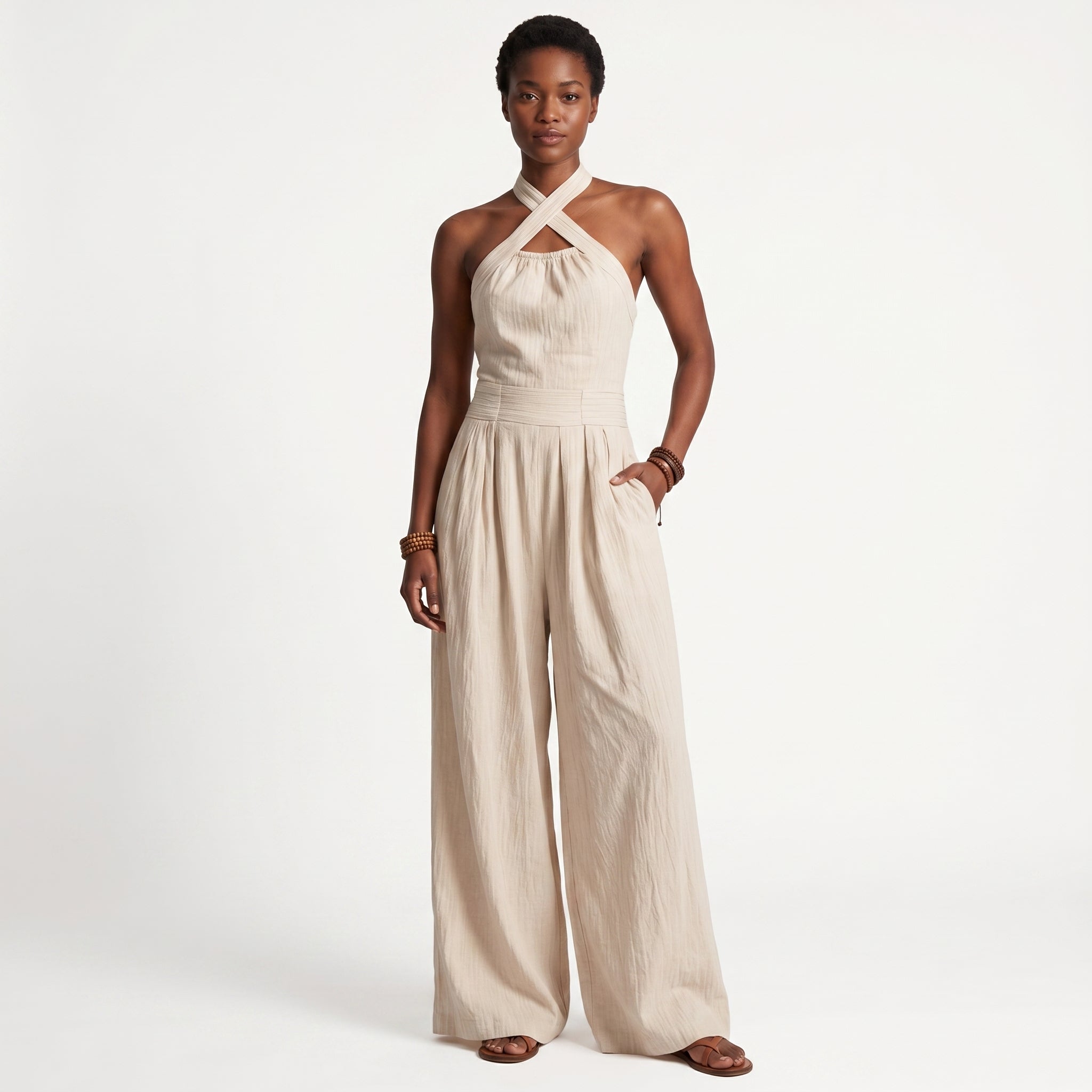 Madalena - Tekstureret jumpsuit med krydset halterneck