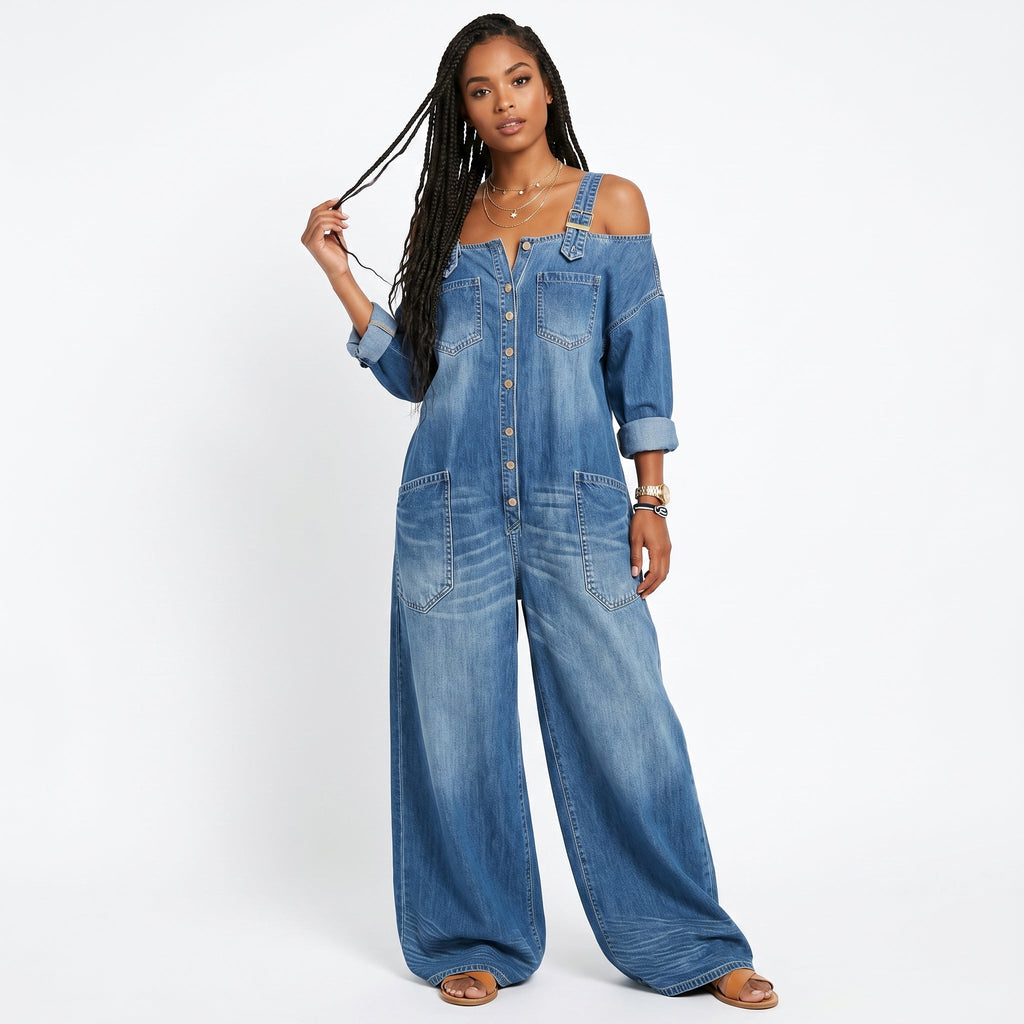 Joana - Jeans-jumpsuit med asymmetrisk halsudskæring elegant
