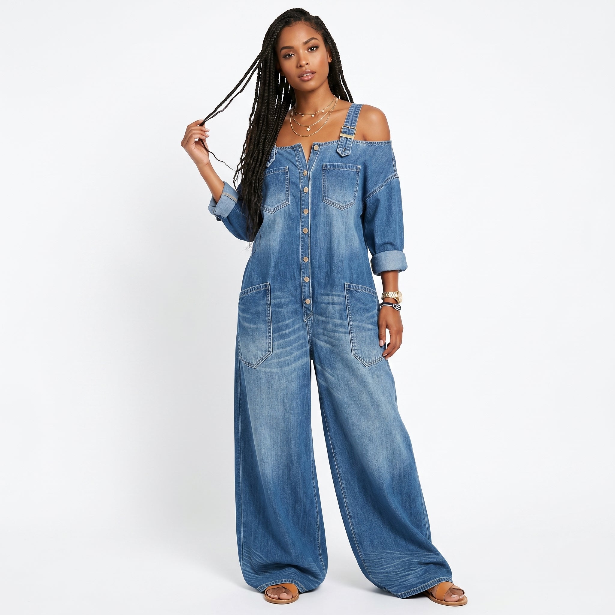Joana - Jeans-jumpsuit med asymmetrisk halsudskæring elegant