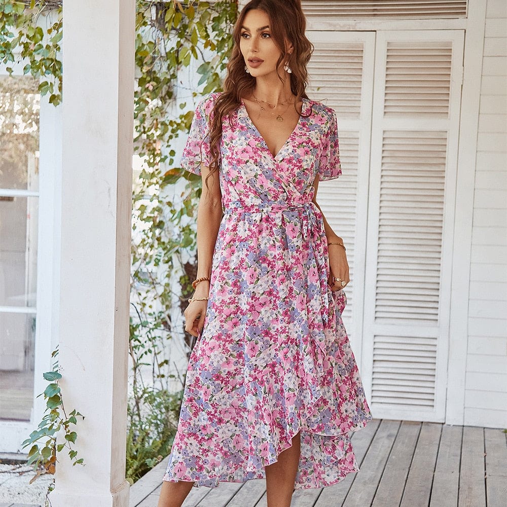 Fenna™ rosa midikjole med bohemeblomstprint