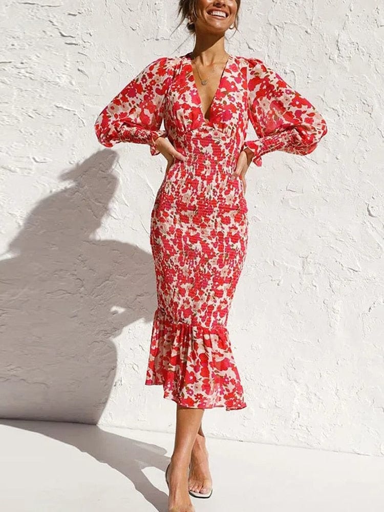 Hannah™ Rød Langærmet Kjole Med Elegant Print Og V-hals