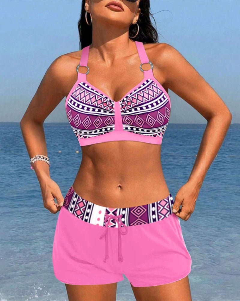 Bikini med høj talje og geometrisk mønster