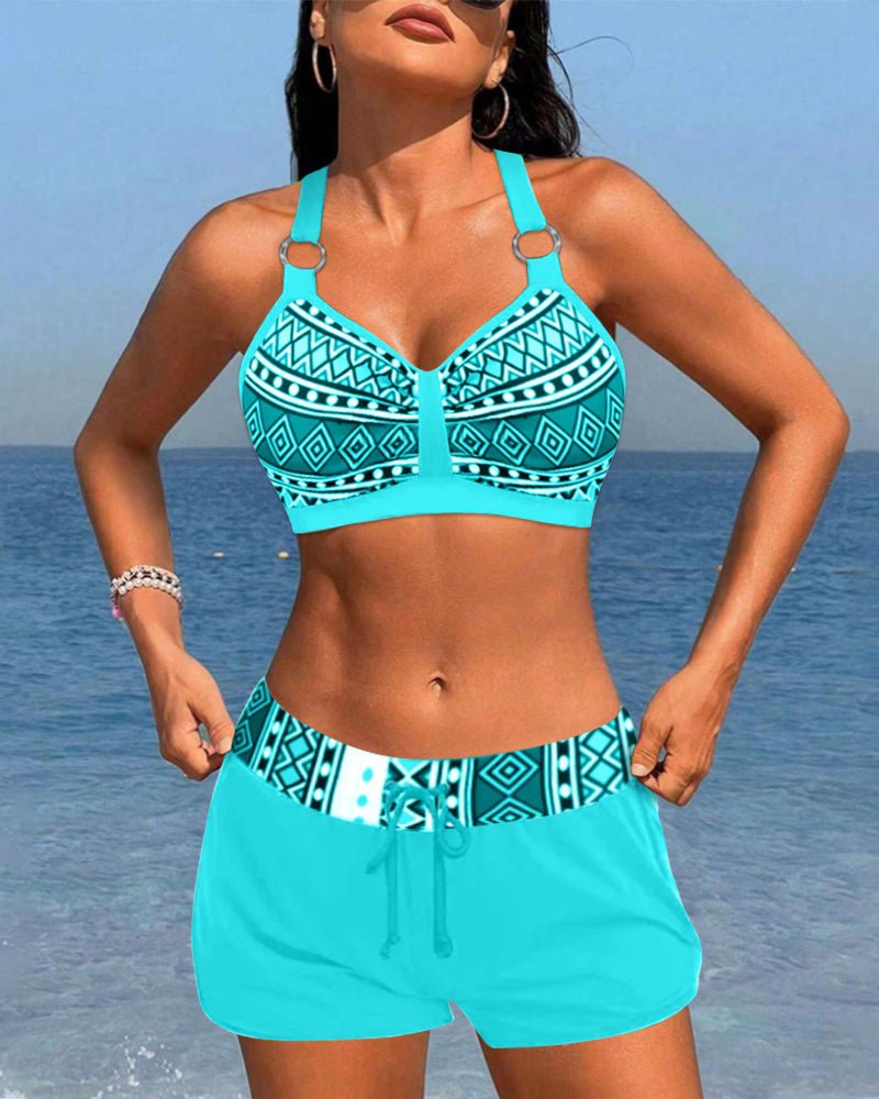 Bikini med høj talje og geometrisk mønster