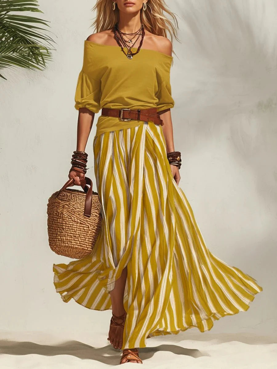 Isabella | Todelt sommersæt med off-shoulder top og stribet nederdel (inklusive bælte)