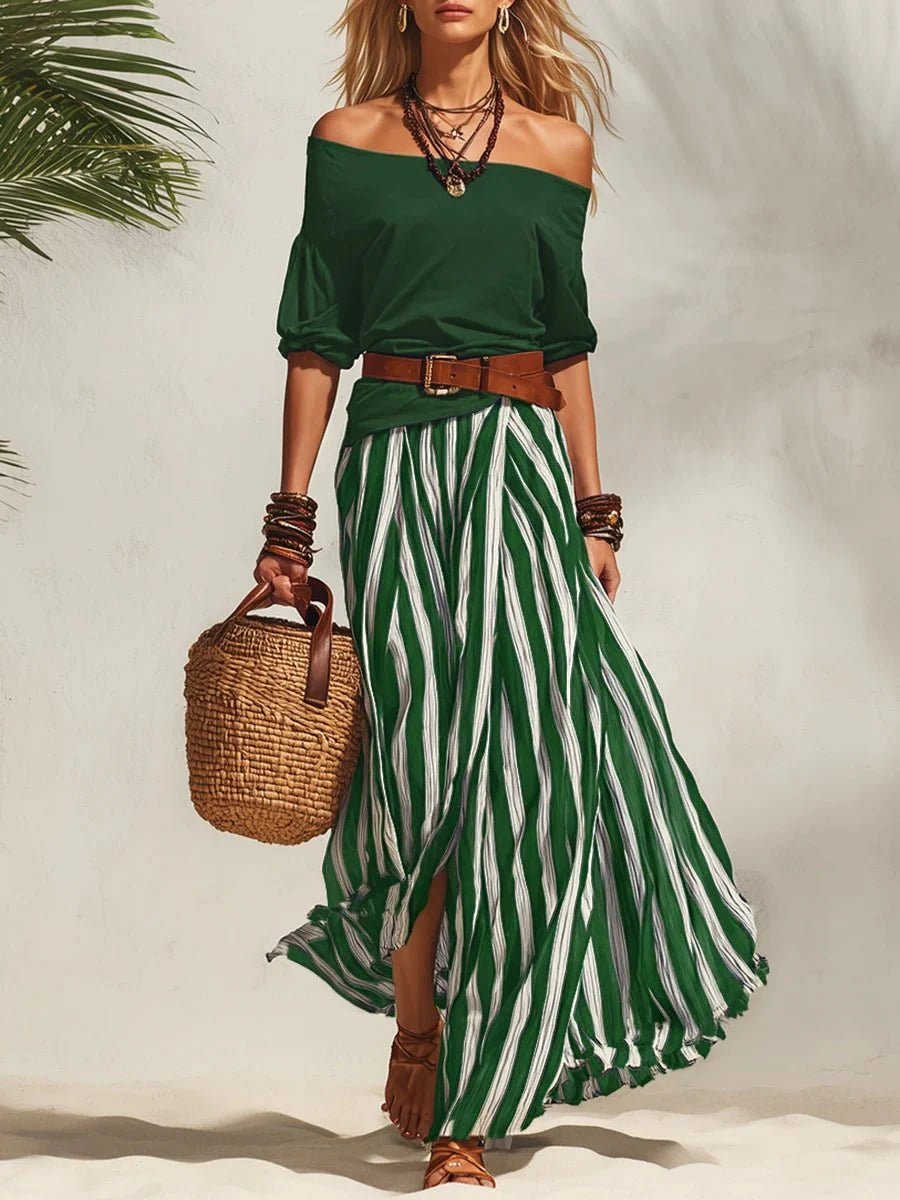 Isabella | Todelt sommersæt med off-shoulder top og stribet nederdel (inklusive bælte)